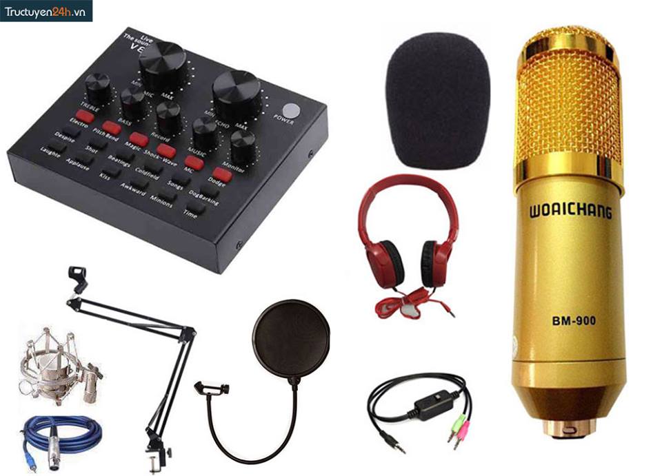 (Xã Kho - Giá Sốc)  Dàn Hát Thu Âm Sound-Card V8 + Micro BM900 Live Stream Oneline Tại Nhà Bộ Combo Mic Livestream Hát Karaoke Card V8 Có Autotune Micro BM900 WOAICHANG TẶNG Tai 450 Chân Màng