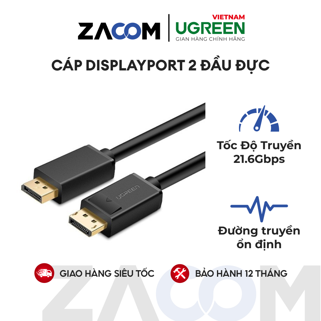 [HCM]Dây cáp DisplayPort 2 đầu đực tốc độ 21.6Gbps dài 2M UGREEN DP102 10211