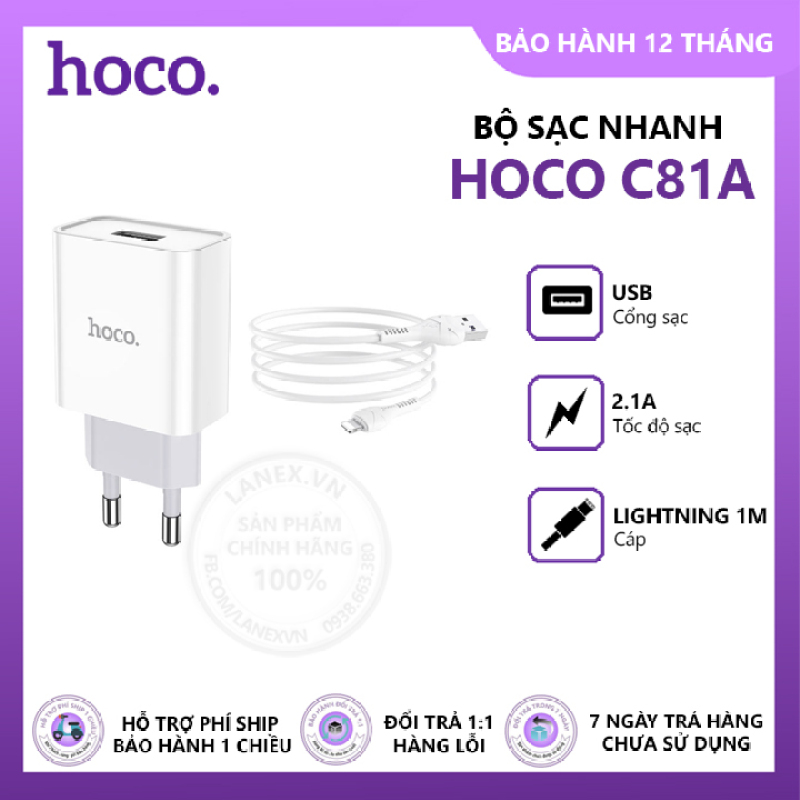 Bộ sạc nhanh Hoco C81A 1 cổng USB 2.1A kèm cáp Lightning dài 1m