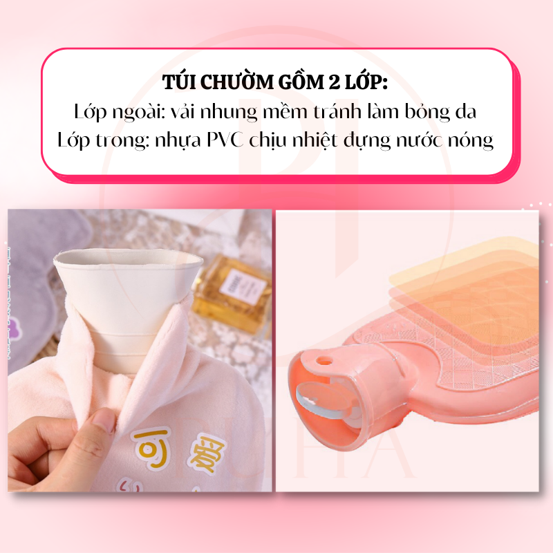 Túi chườm nóng lạnh đa năng sưởi ấm giữ nhiệt giảm đau bụng kinh cho nữ Puha 500ml họa tiết thỏ trắng cute dễ thương