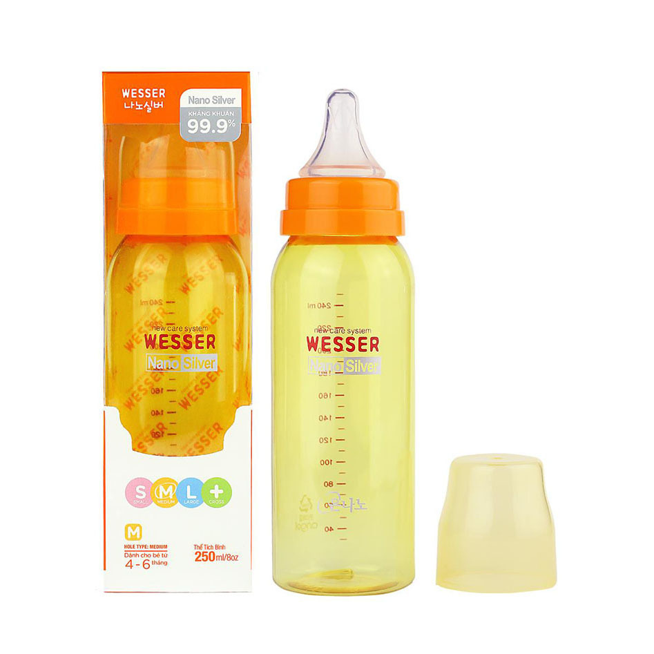 (Mẫu mới) Bình sữa Wesser nano silver 250ml cho bé từ 4-6 tháng tuổi