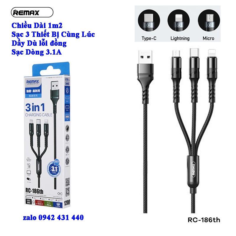Cáp Sạc Remax 3 Đầu RC-186TH LIGHNING - MICRO USB - TYPE C Dây Dù
