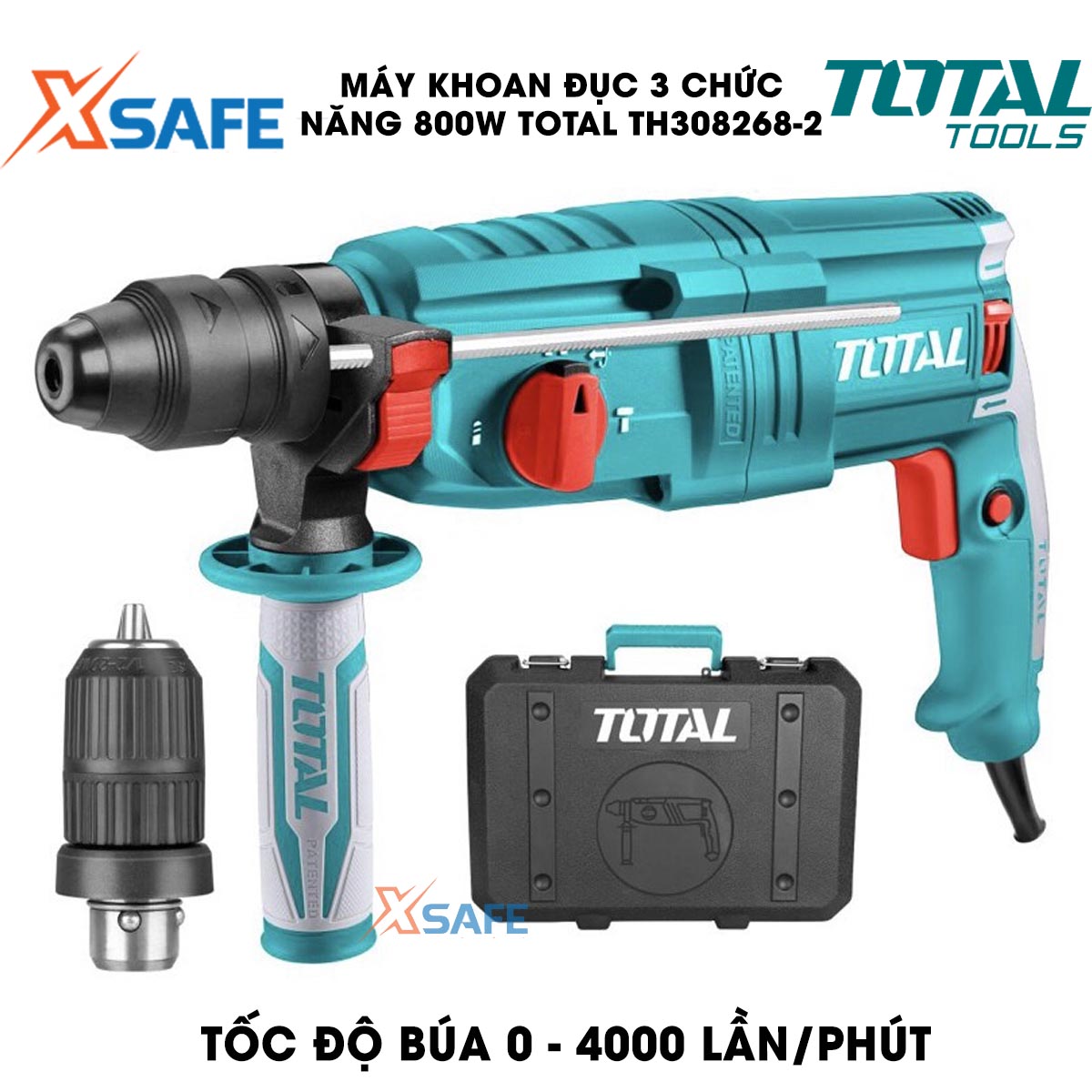 Máy khoan búa cầm tay 3 chức năng 800w Total TH308268-2 đầu gài sds plus, tốc độ 1100rpm, tốc độ búa 4000bpm, lực đập 2.5j, khoan bê tông 26mm, sắt 13mm, gỗ 30mm, kèm 3 mũi khoan bê tông và 2 mũi đục Máy khoan đục