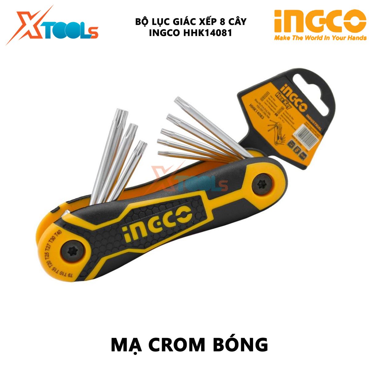 Bộ lục giác đầu bằng xếp 8 cây INGCO HHK14081 Bộ chìa khóa lục giác Kích thước 2-8mm Chất liệu Cr-V mở bulong, đai ốc XTOOLs