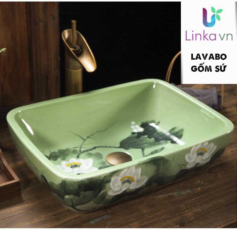 Chậu rửa lavabo LAV0057 gốm sứ men xanh cao cấp – Họa tiết hoa sen trắng trang nhã