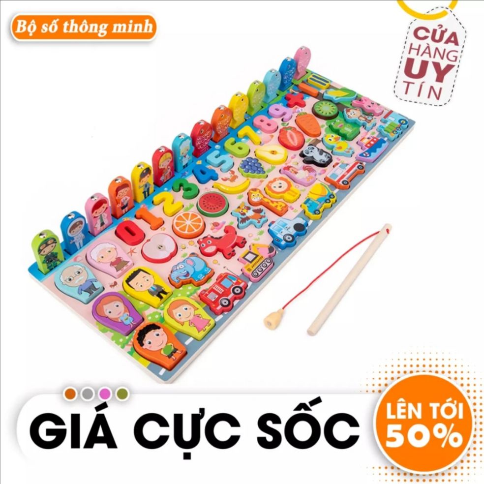 Bộ bảng số thông minh bằng gỗ 63 chi tiết . Bộ đồ chơi câu cá và ghép số, ghép hình.