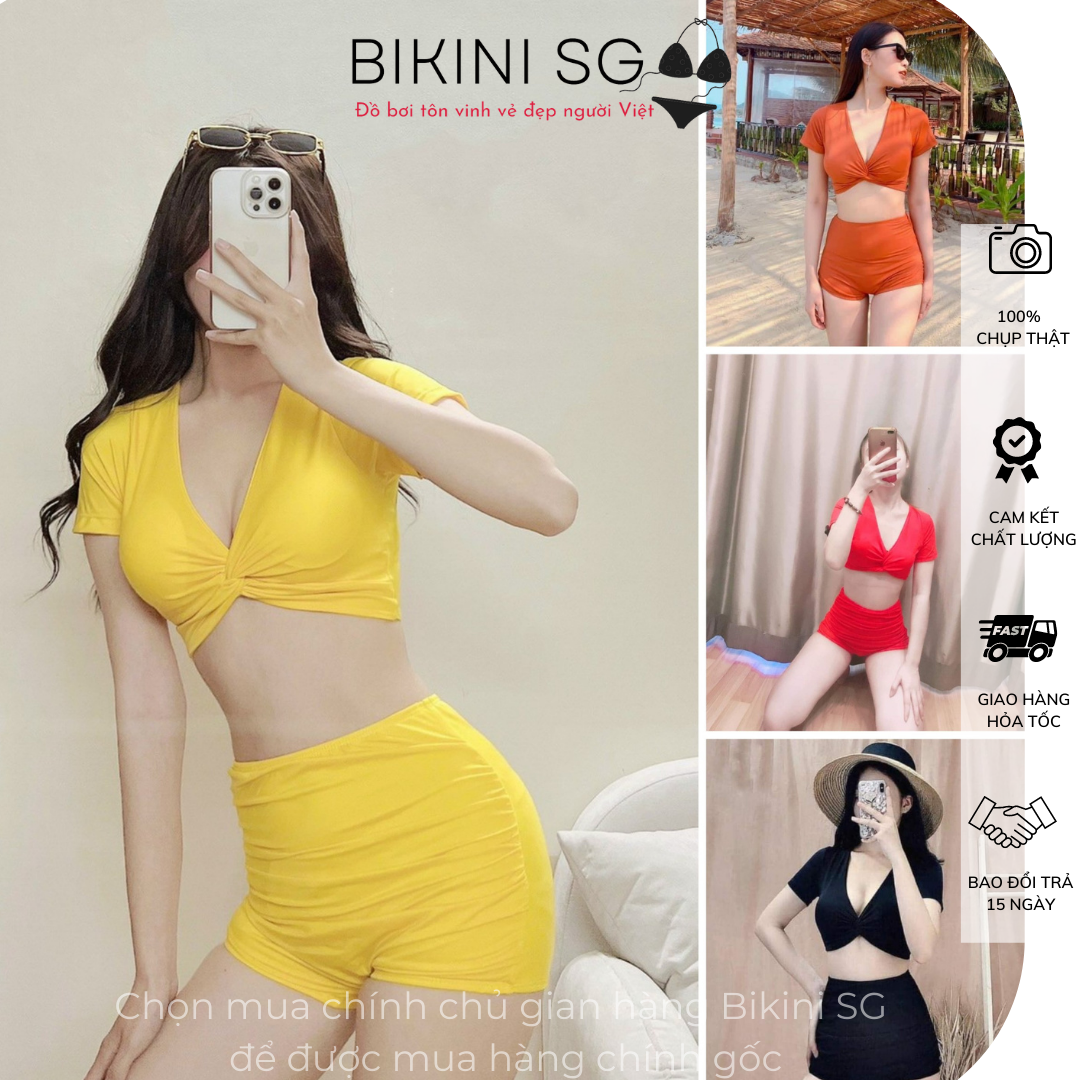 Đồ Bơi Nữ Kín Đáo Set Áo Bơi Croptop Nữ Dài Tay Quần 2 Ống