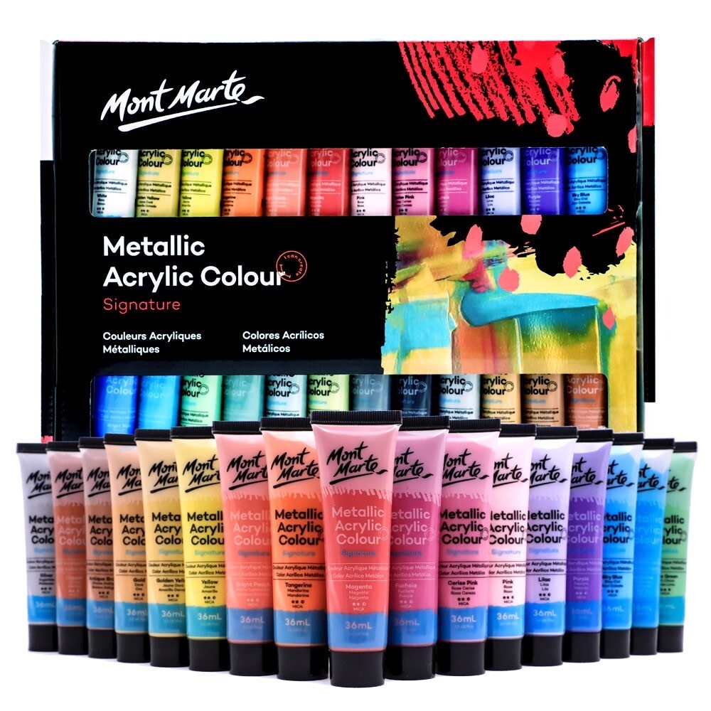 -màu acrlic ánh nhủ bộ 12/24/36 màu, mont marte acrylic metallic 12/24/36 màu x36ml