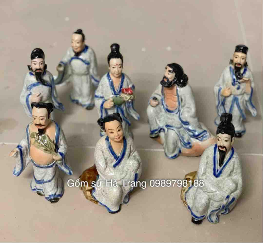Bộ tượng trang trí tiểu cảnh Bát Tiên quá hải chất liệu gốm sứ Bát Tràng