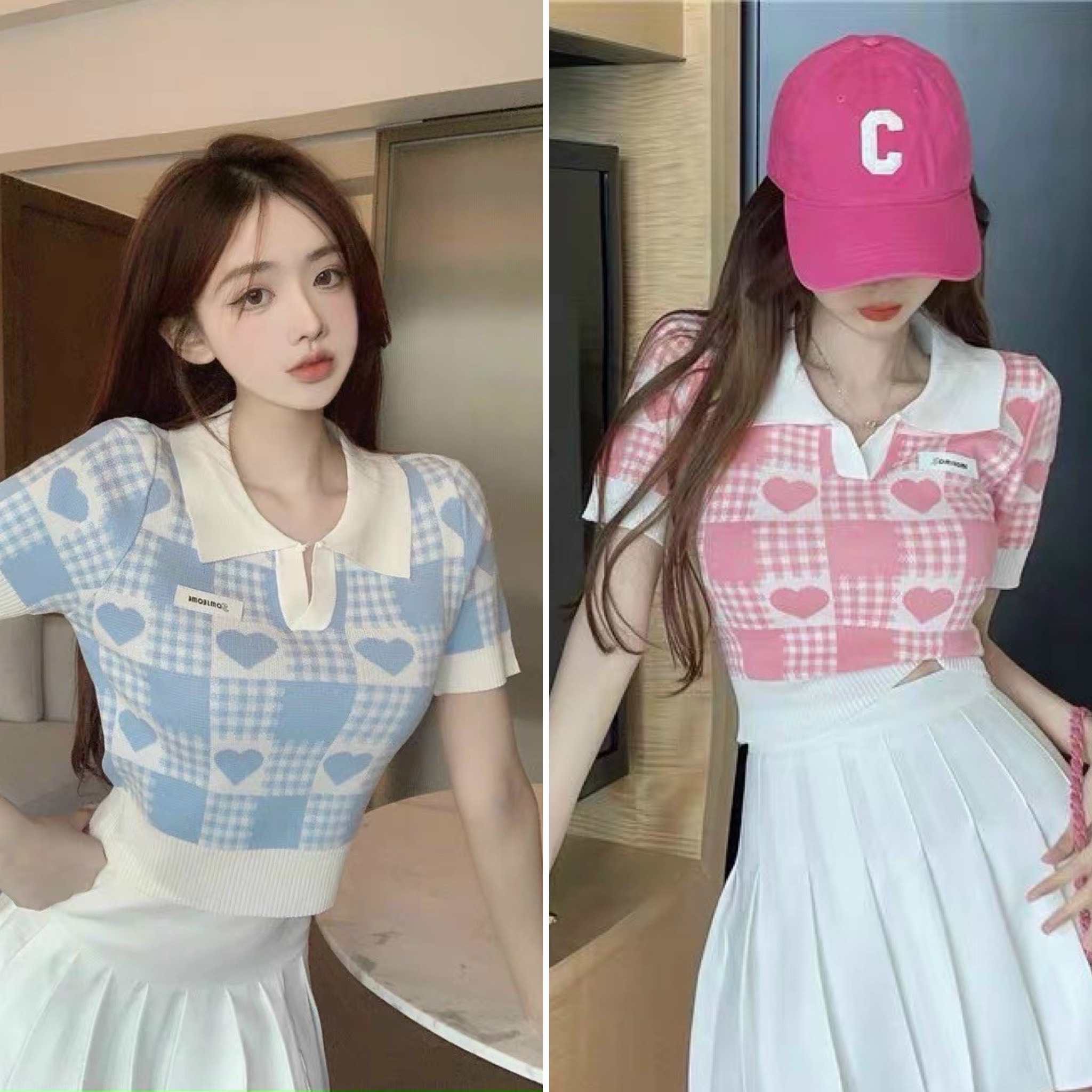 Áo len croptop sọc caro tim cổ bẻ