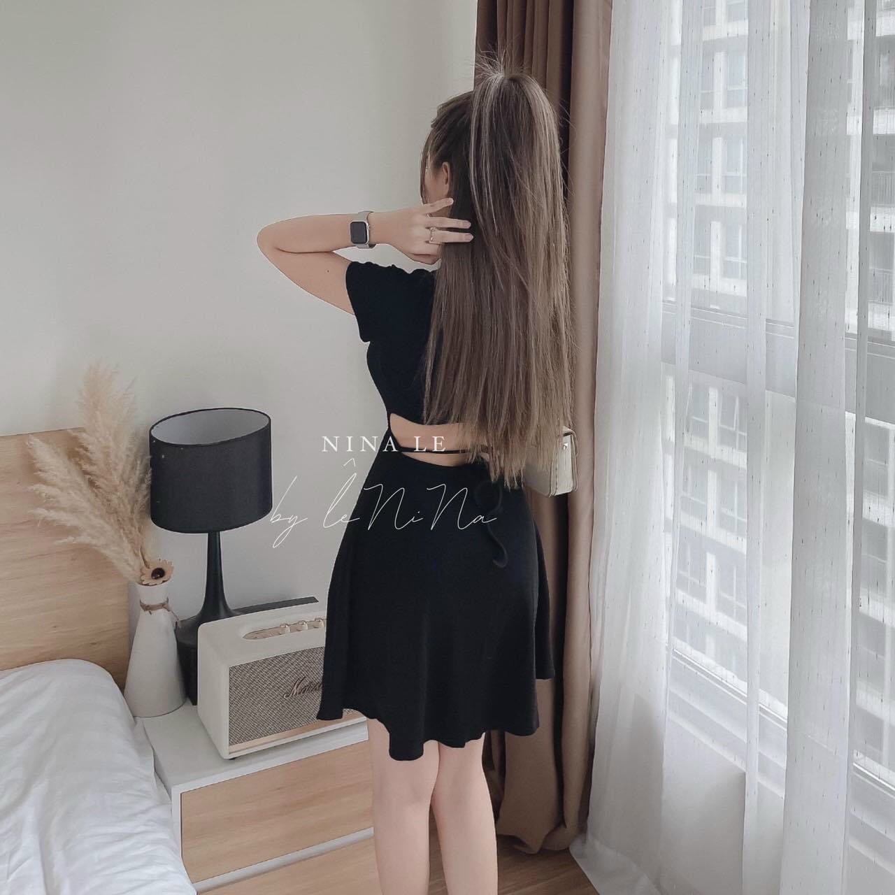 Đầm nữ dáng xòe hở lưng cột dây cực tôn dáng, Đầm nữ ngắn tay hở giữa lưng cột dây xinh xắn, Đầm nữ tay ngắn dáng xòe hở giữa lưng có cột dây dự tiệc sang trọng MTB