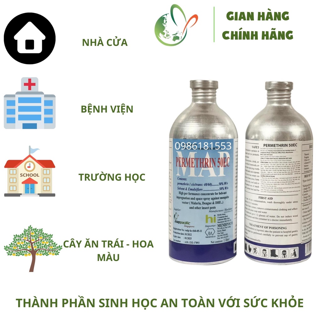 Combo 12 Chai (1 Thùng) Thuốc Diệt Muỗi MAP PERMETHRIN 50EC Quy Cách Chai 1Lít