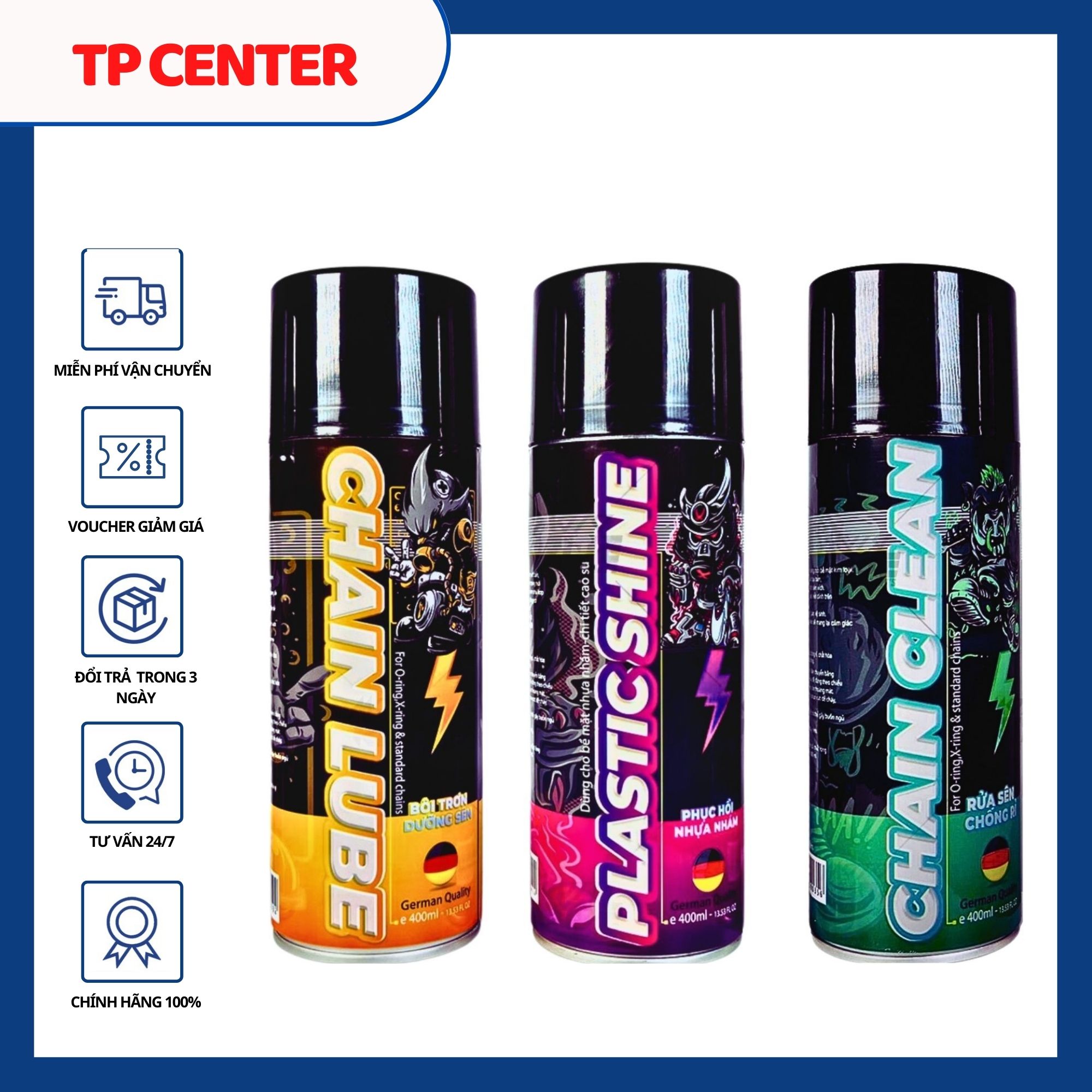 Bộ 3 chai xịt dưỡng sên, rua sên và dưỡng nhựa nhám SPRAYKING 400ml cao cấp cho xe máy