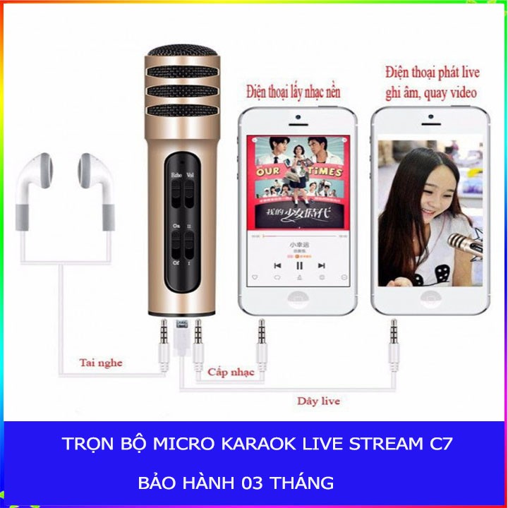 Mic Hát Thu Âm Live Stream C7, Mic thu âm chuyên nghiệp. Mic karaoke Mic thu âm trên điện thoại thiết bị thu âm Micro livestream cho điện thoại C7 thu âm 3 IN 1 với âm thanh tự nhiên và tinh khiết