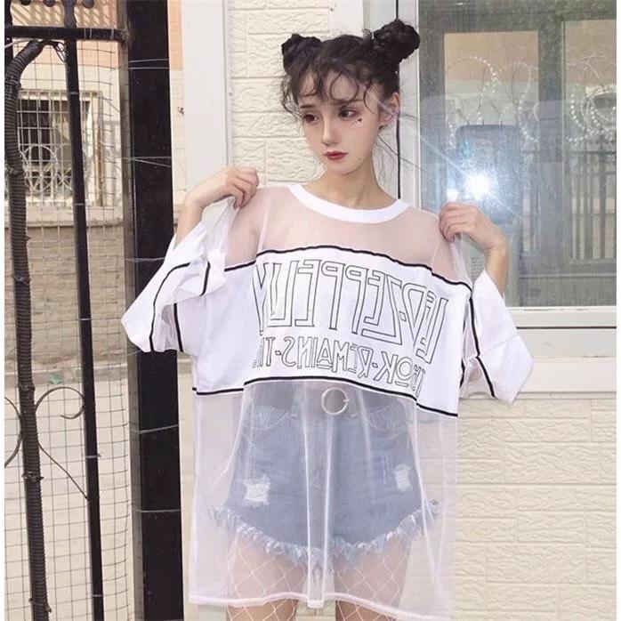 Áo Thun Kiểu Tay Lỡ Phối Lưới Kèm Chữ In Phong Cách Mới TTSL0095