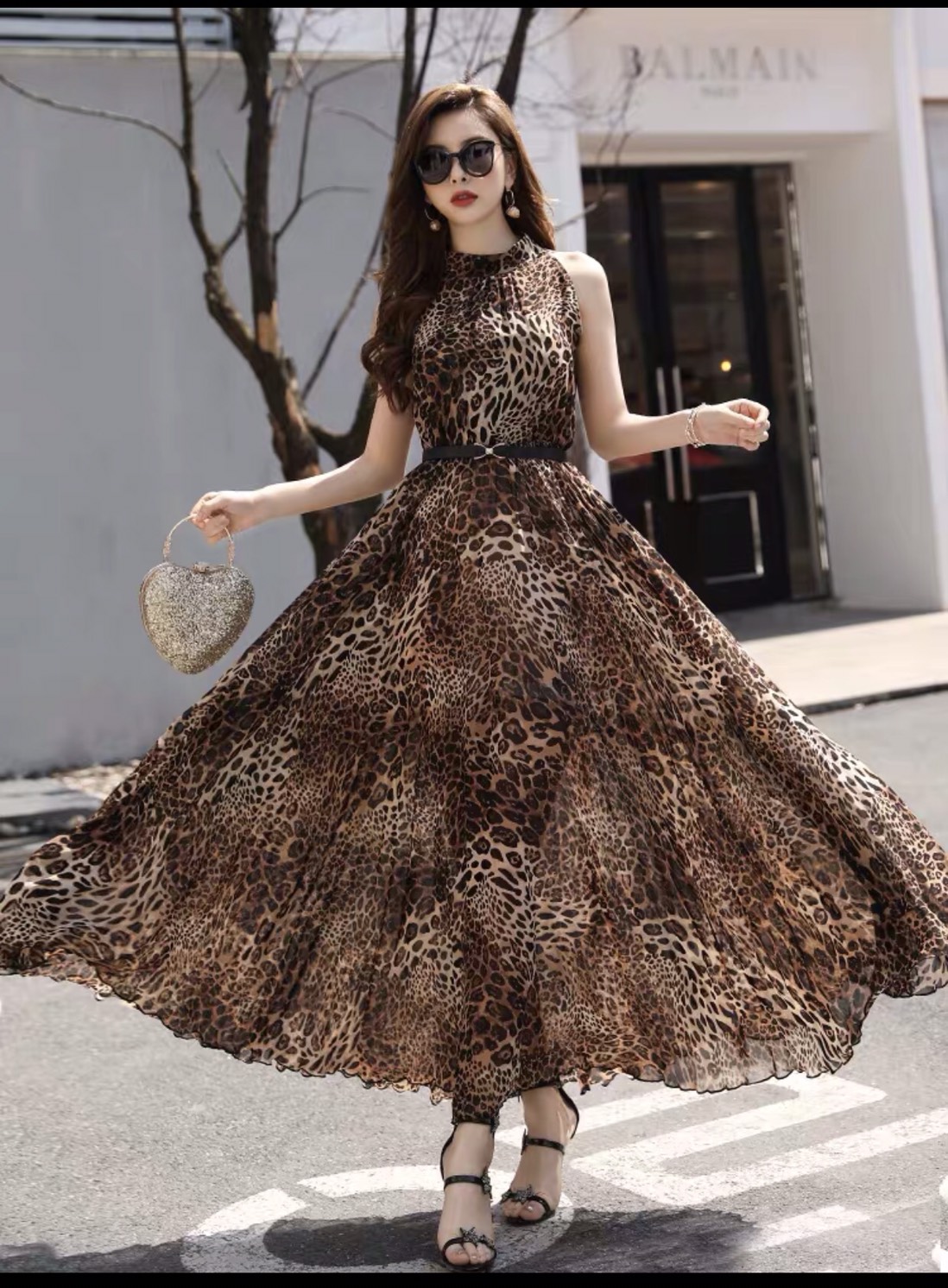 Đầm maxi beo cổ trụ sát nách kèm nịt thời trang