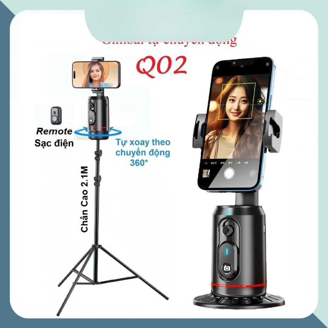 Gimbal Chống Rung Cho Điện Thoại  Gimbal AI Q02  xoay 360 độ, Chân quay điện thoại thông minh tích hợp đèn trợ sáng, Điều khiển từ xa bằng bluetooth