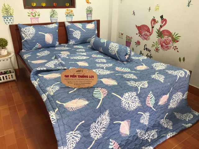Bộ ga gối 4 món  coton  chuẩn logo in trên vải dày mềm mát sang trọng