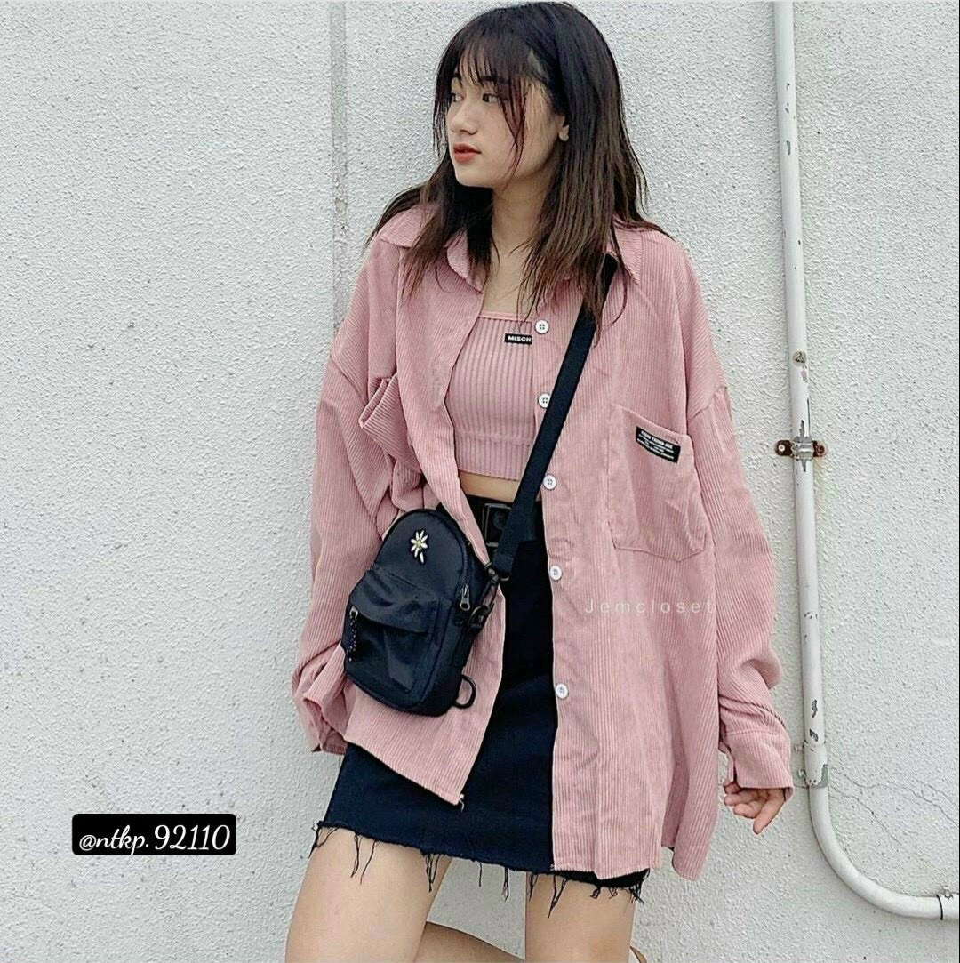 Áo sơ mi nhung áo khoác nhẹ nữ kiểu dáng sơ mi hai túi thêu logo siêu hot tp