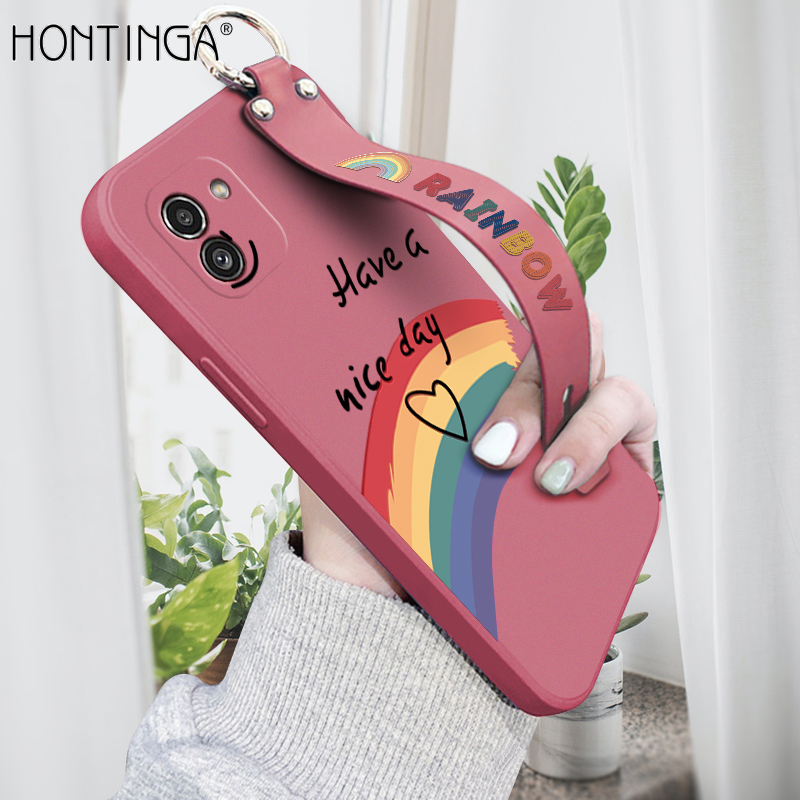 Hontinga Casing Case For Samsung Galaxy A03 Case Rainbow Smile Square Original Liquid Soft Silicone Edge Pattern Rubber Case Cover Camera Protection Cases Back Phone Casing Softcase For Girls