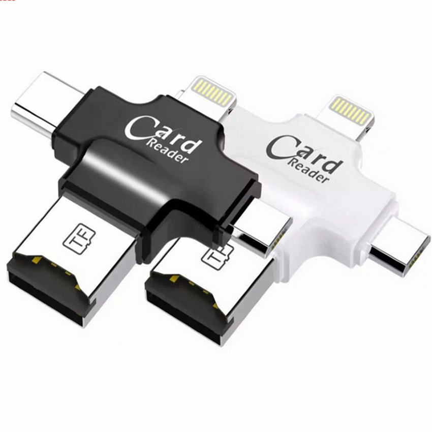 Đầu Đọc Thẻ Đa Năng 4 Trong 1 Dành Cho iPhone/Android Micro SD USB (OTG) TF/Lightning/Type-C