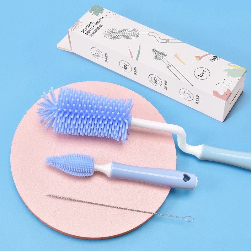 Beautiful Bộ cọ rửa bình sữa silicon 3 chi tiết cho bé cao cấp tay cầm