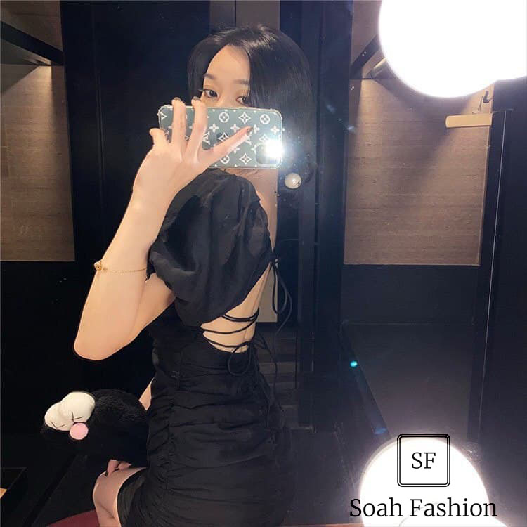 Đầm Tay Con Đan Dây Lưng GOHA (ĐEN)