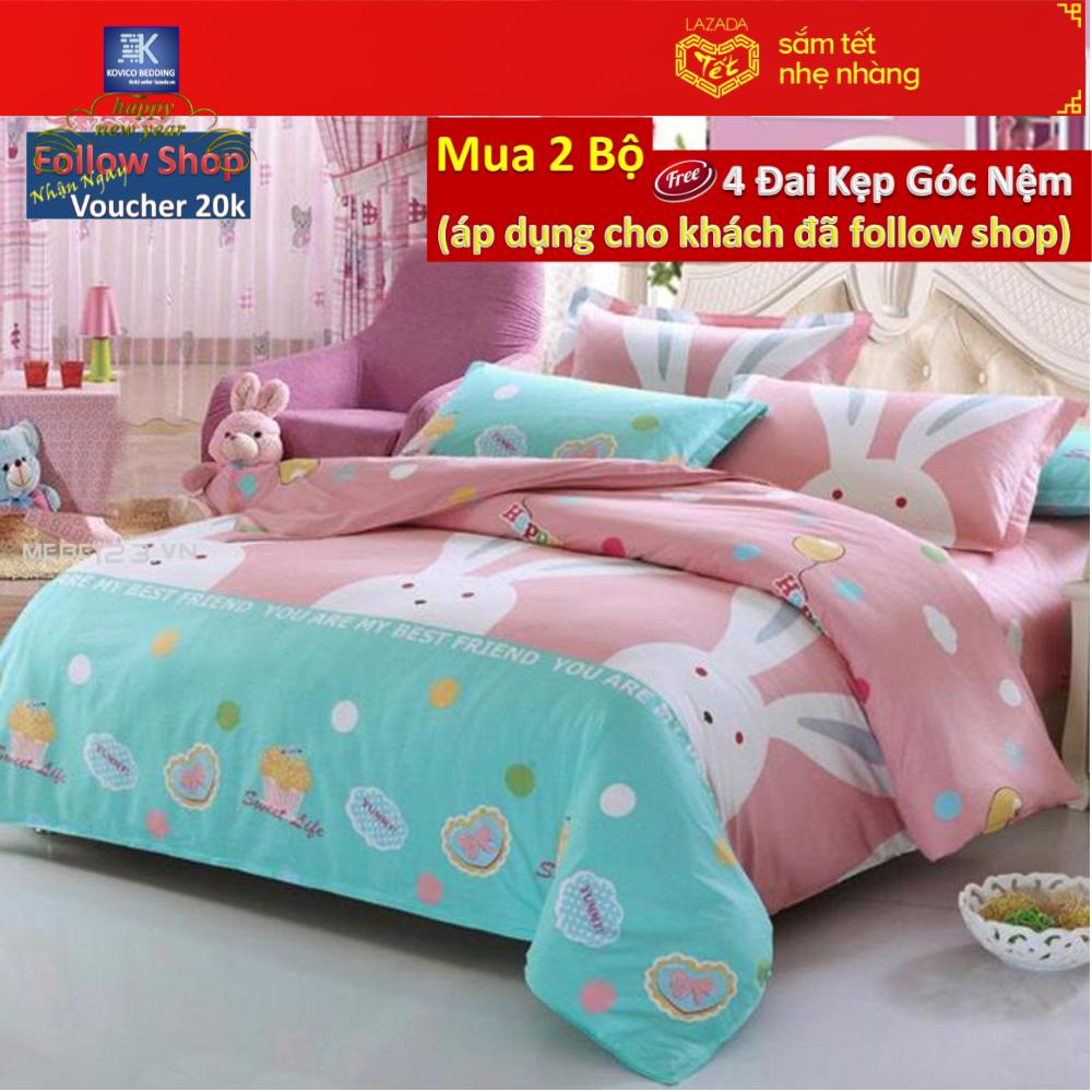 (FreeShip MAX) Bộ chăn ga gối poly Thỏ Hồng 1m6x2m