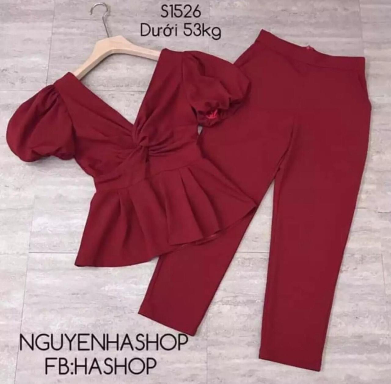 Set bộ nữ áo tay búp cổ xoắn