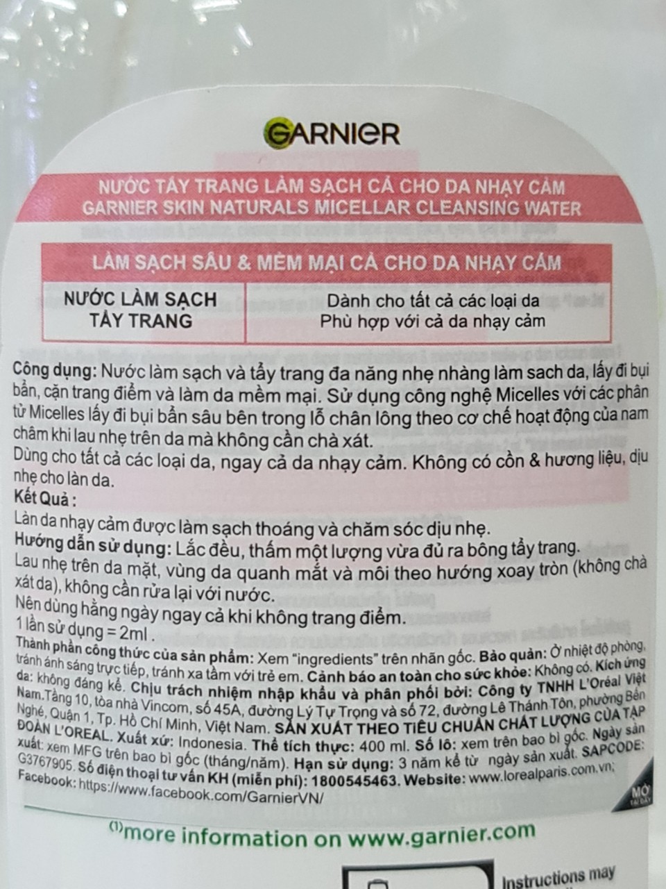 Nước Tẩy Trang Garnier Micellar Cleansing Water 400ml