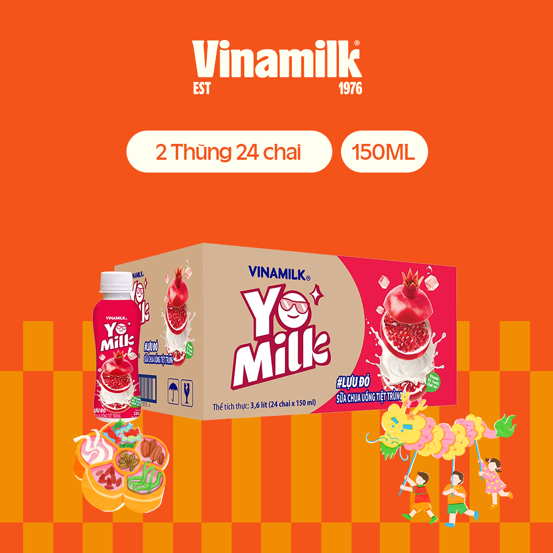 2 thùng sữa chua uống yomilk lựu đỏ 150ml - 24 chai/thùng