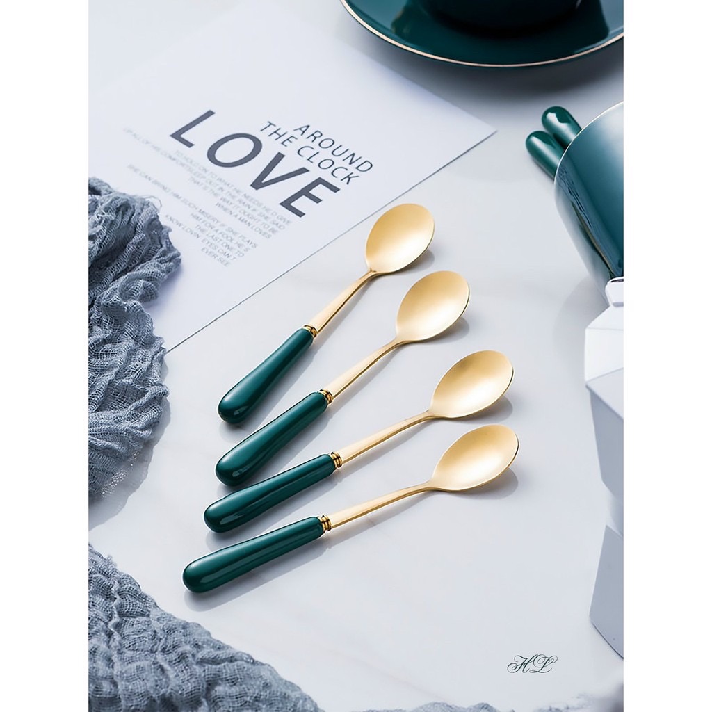 Thìa cà phê inox vàng cán sứ xanh cổ vịt phong cách hiện đại sang trọng mẫu mới