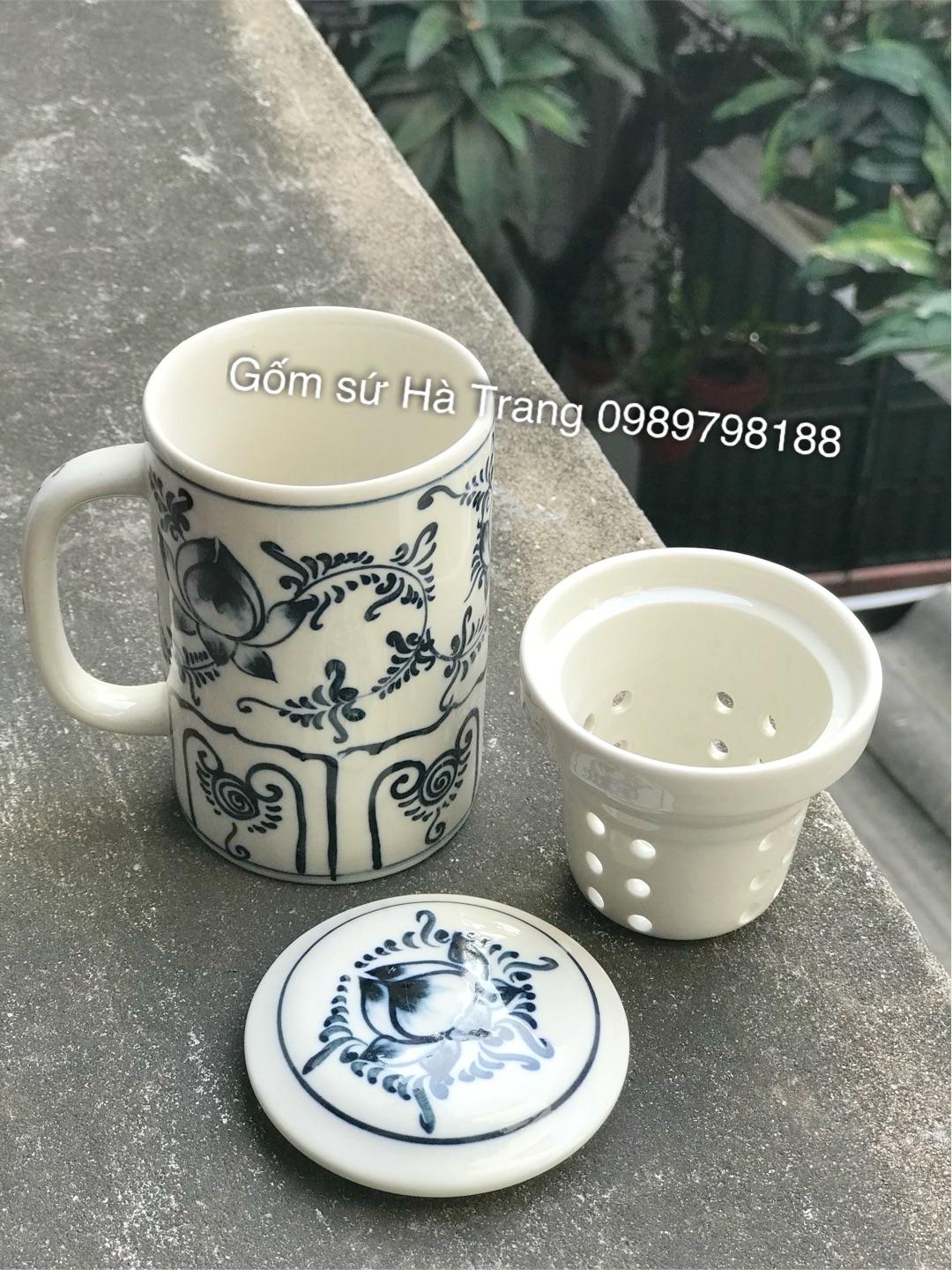 Cốc lọc trà gốm sứ Bát Tràng cao cấp vẽ sen