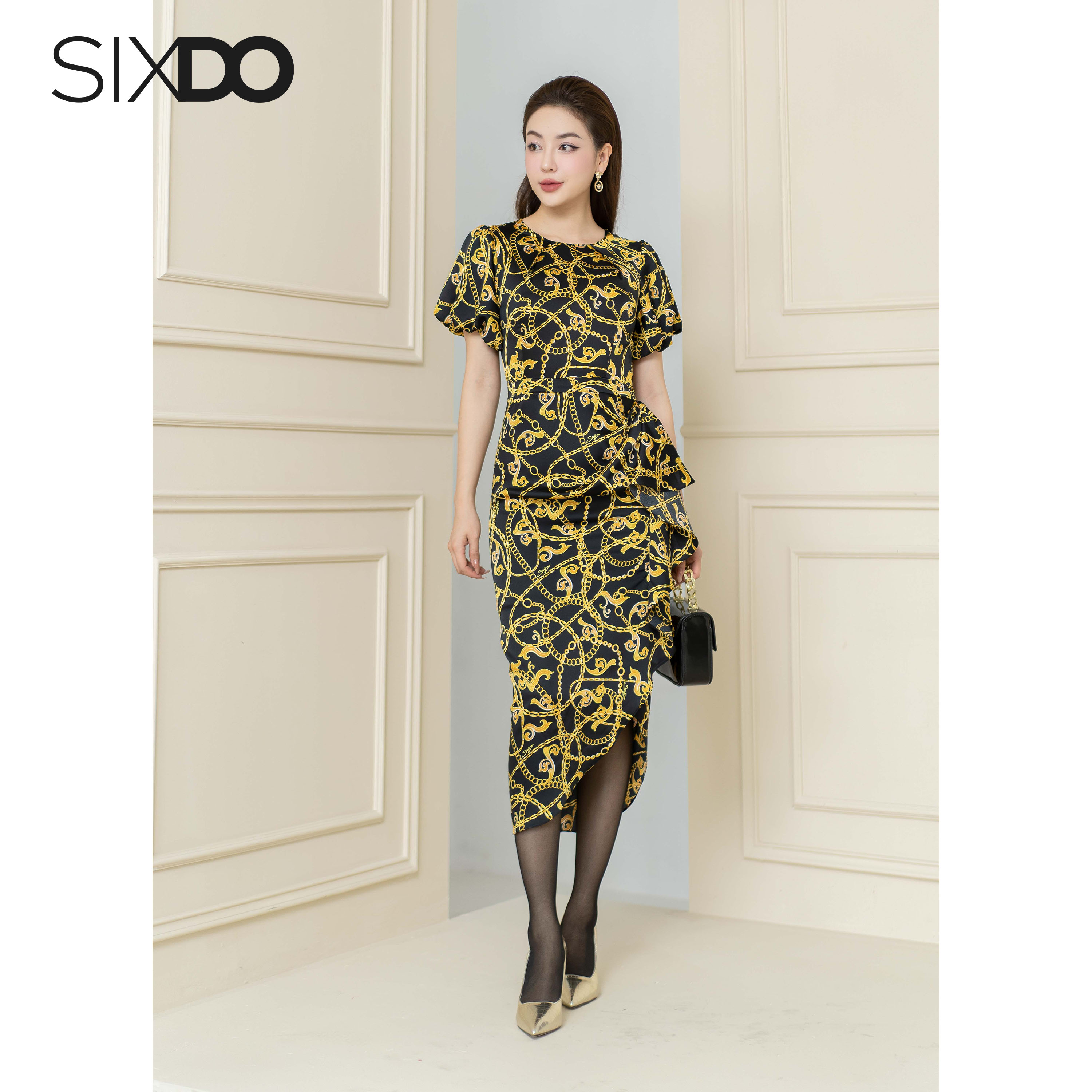 Đầm lụa họa tiết baroque phối bèo SIXDO (Black Baroque Print Silk Midi Dress)