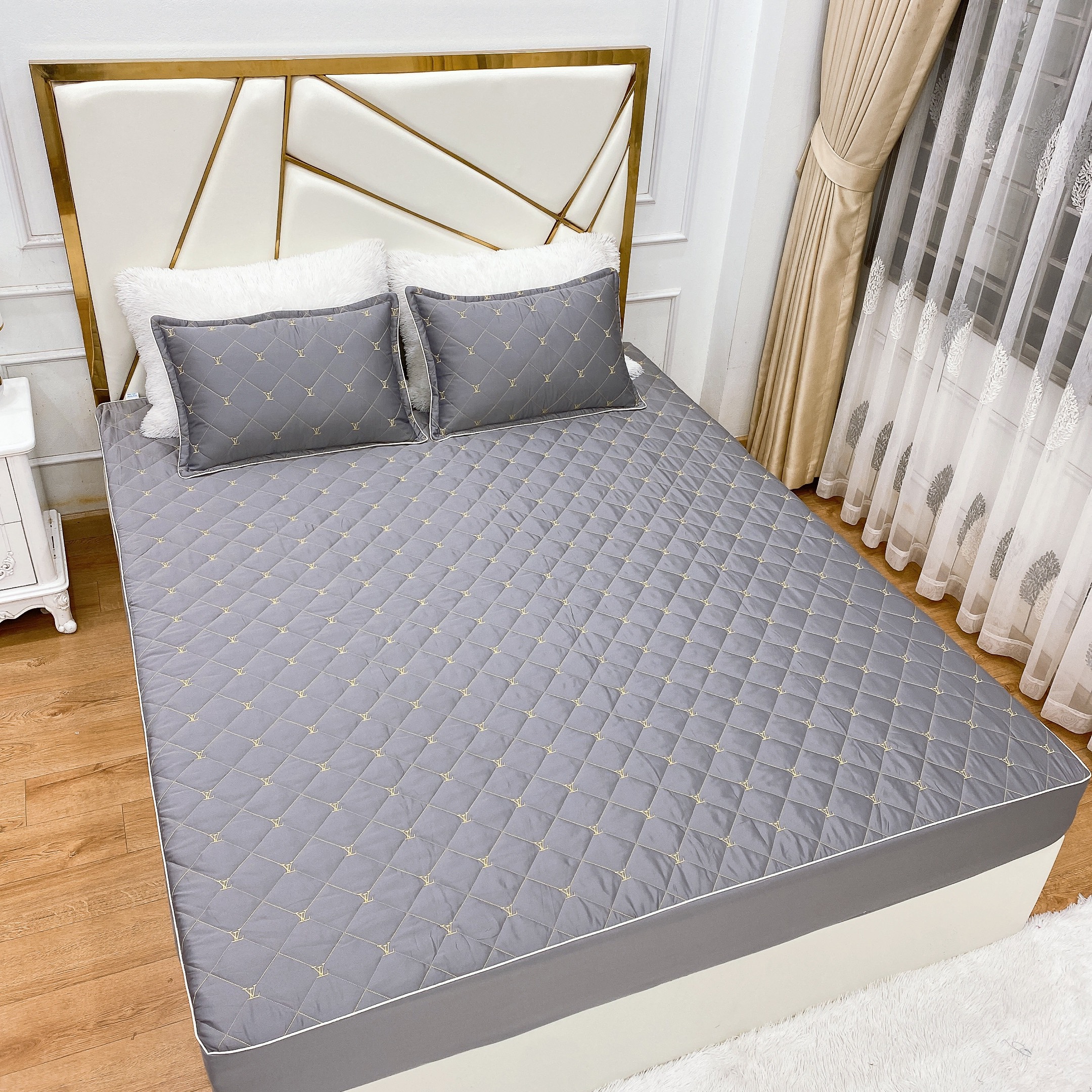 Bộ ga gối, drap chun trần bông 3 món phi lụa cao cấp ( dùng cho đệm 10cm )