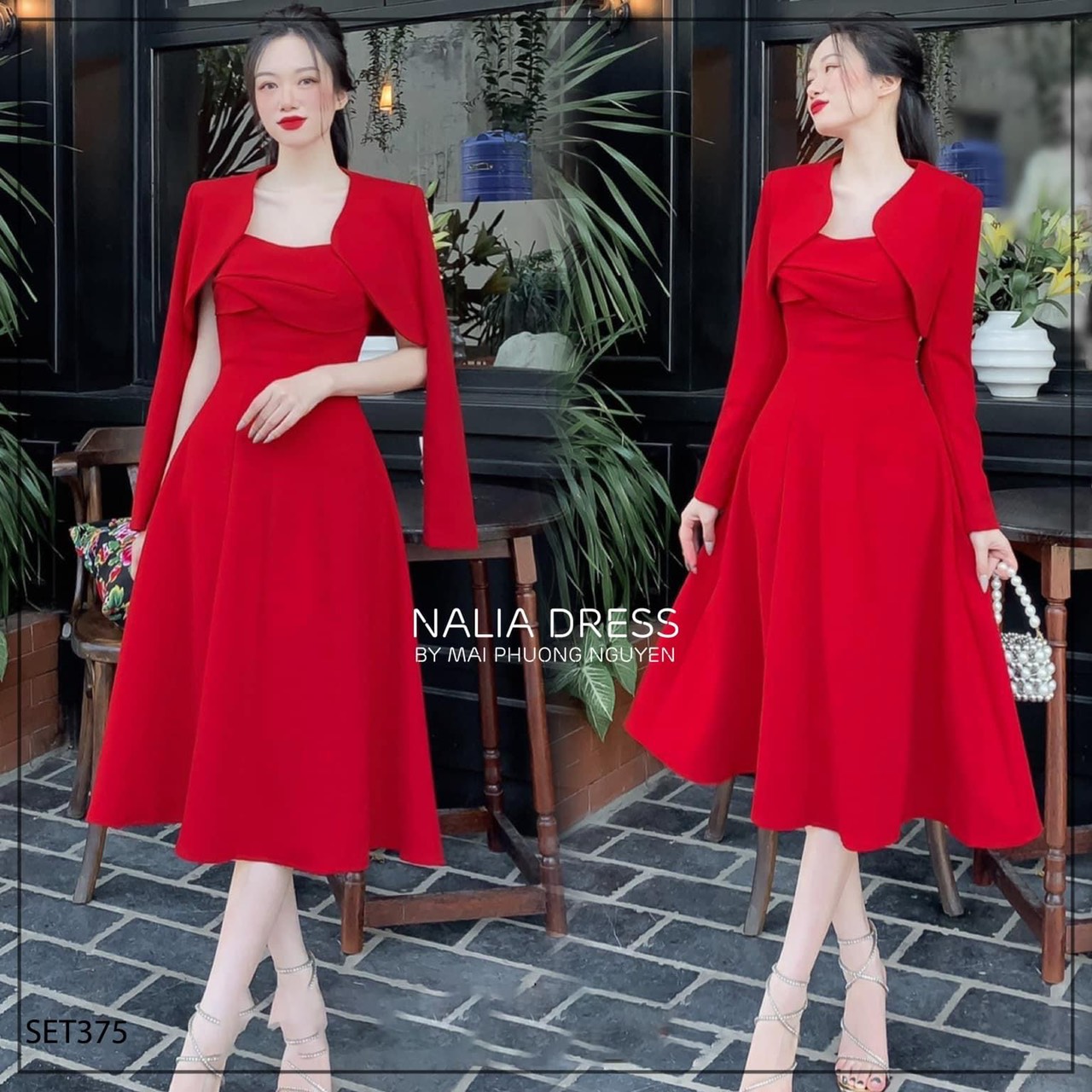 Set đầm hai dây dáng xòe dài qua gối thanh lịch kèm áo khoác ngắn, set áo vest cổ V, váy cổ đổ ôm eo thanh lịch, set công sở