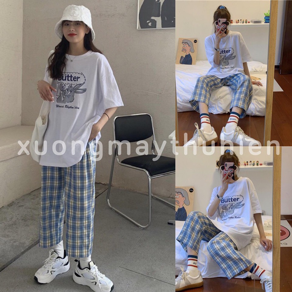 Set áo phông Butter + quần kẻ xanh thời trang
