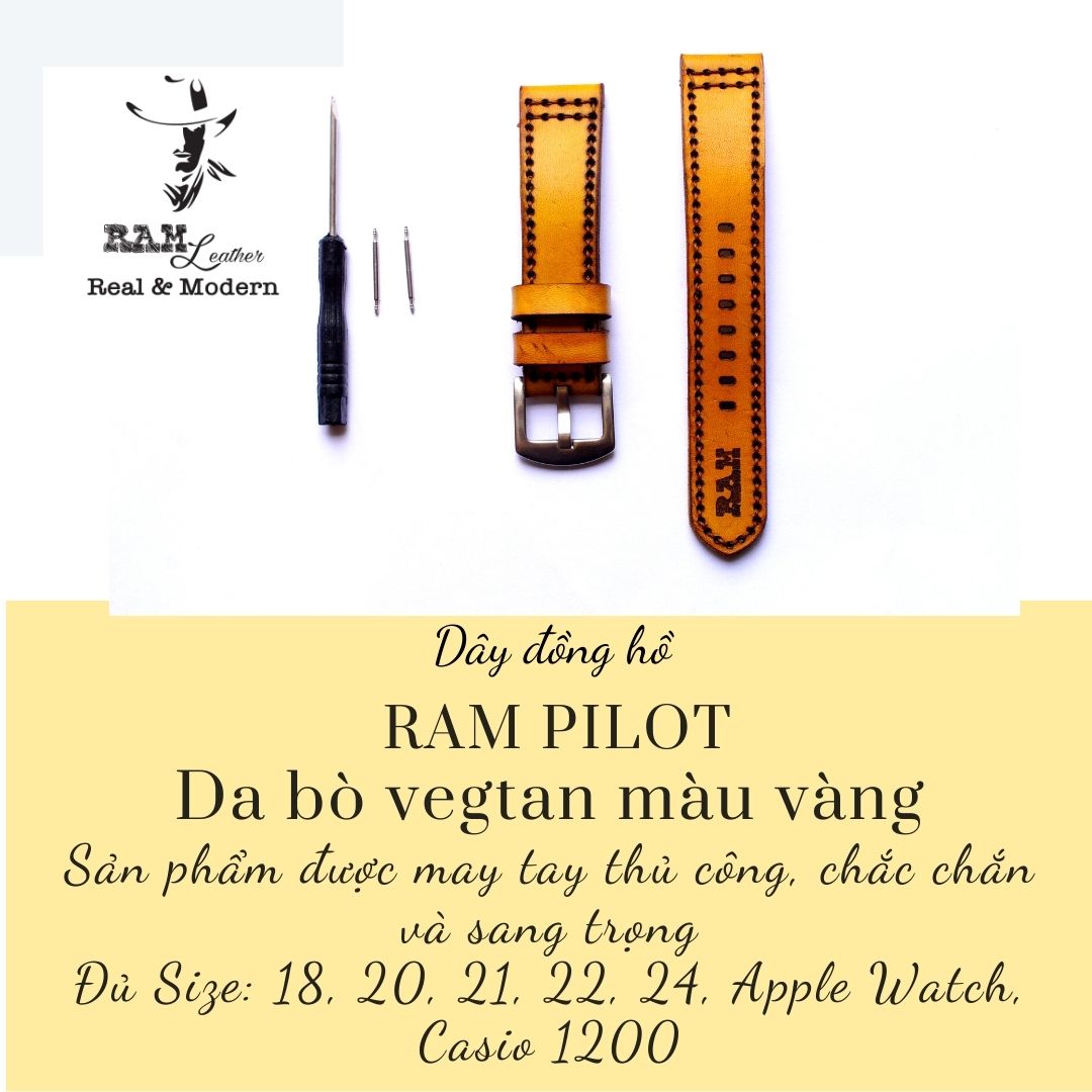 Dây da đồng hồ Siêu bền Da Bò Vegtan Ý RAM Leather Pilot Vàng Hàng Chính Hãng RAM Leather