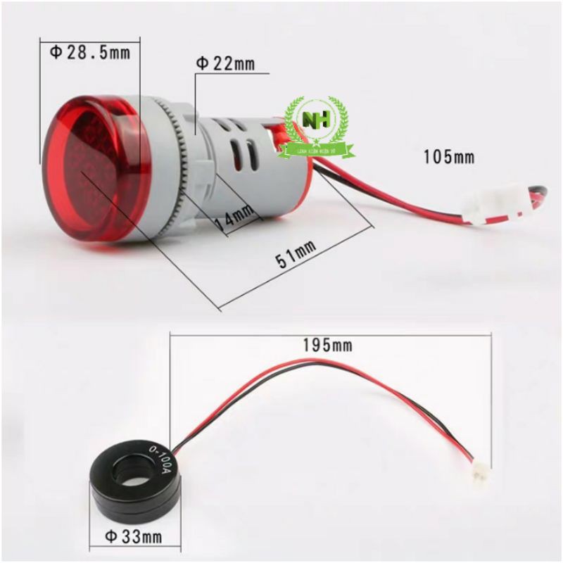 Đèn báo hiển thị kép Volt(20-500V) + Ampe(0-100A) ED16-22VAD