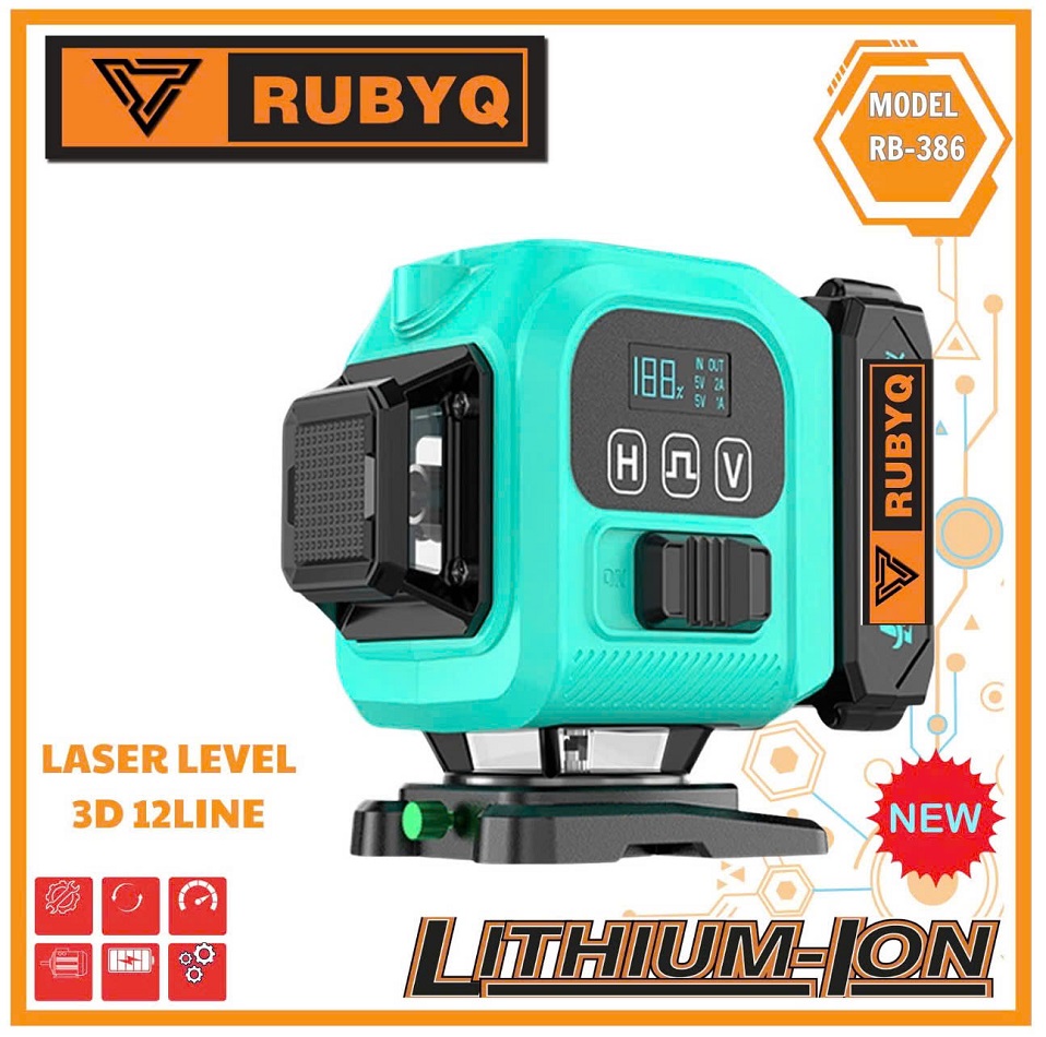 Máy cân bằng laser Bóng Super lep siêu sáng 12 tia xanh chính hãng RUBYQ CAO CẤP có đồng hồ hiện thi phần trăm pin