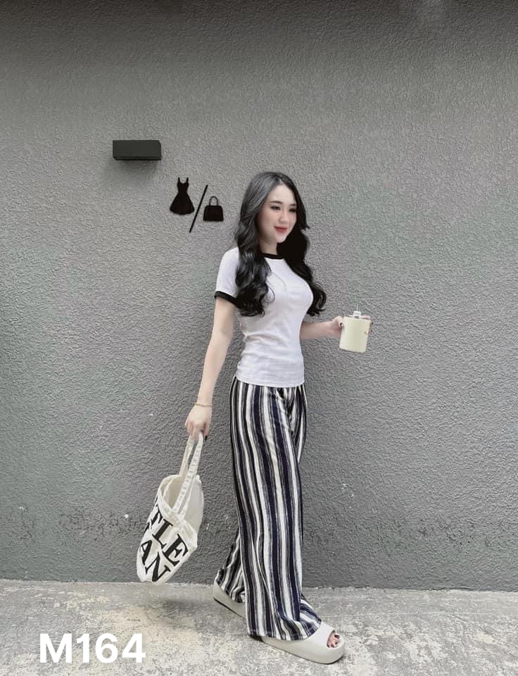 Bộ thun áo tay ngắn trơn quần kẻ sọc cotton M164