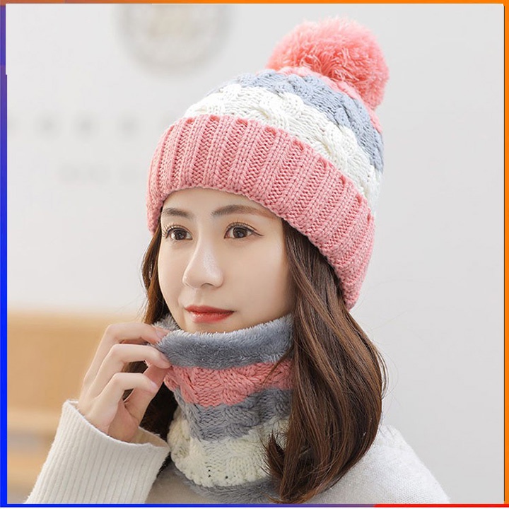 Mũ len đội đầu nữ hàn quốc kèm khăn choàng cổ, nón len nam nữ trùm đầu mùa đông giữ ấm tốt