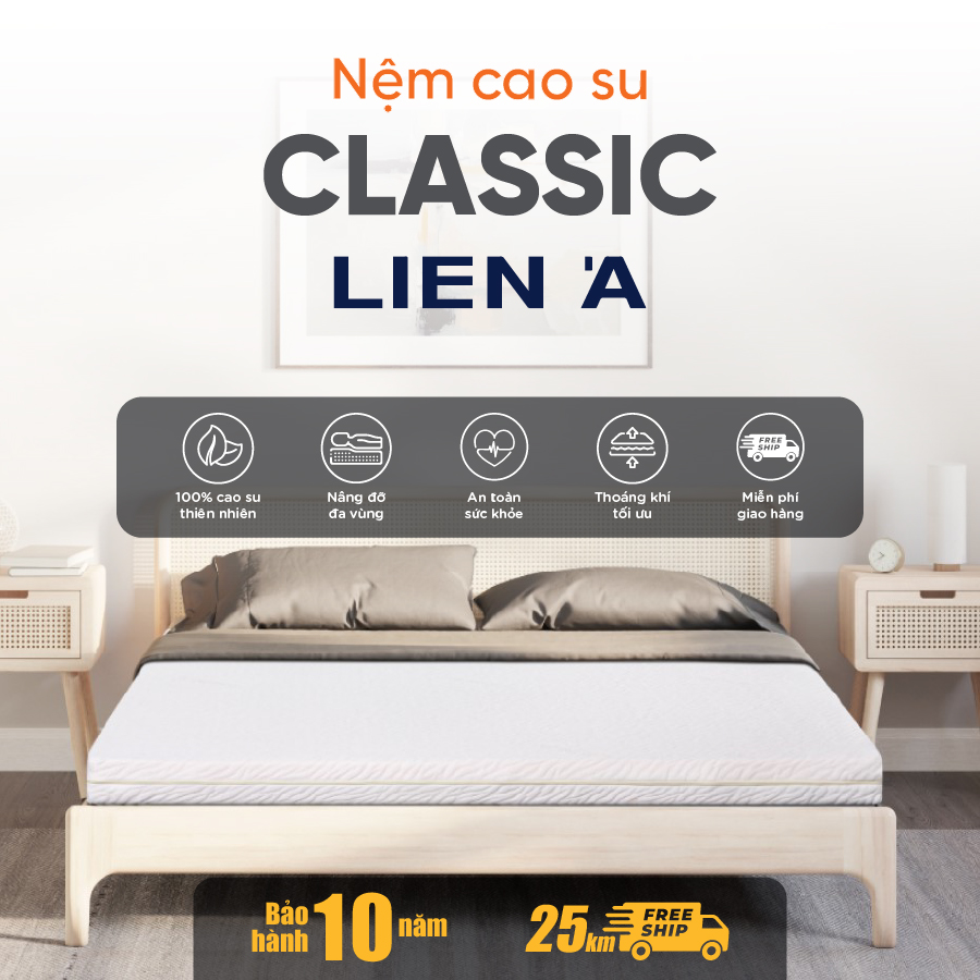 Nệm cao su thiên nhiên Liên Á Classic 160x200x10cm--Độ bền cao, thoáng khí tối ưu-Bảo hành 10 năm.