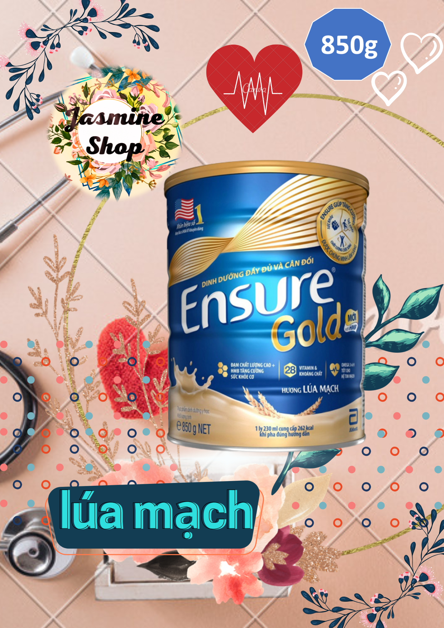 [Lúa mạch] Sữa bột Ensure Gold Abbott (HMB) 850g - [Jasmin-O-]