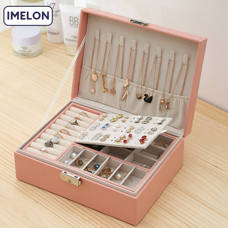 IMELON Buy 1 Get 1 Free gift Free Whole Store Simple two-layer wooden leather jewelry box with buckle, jewelry box earrings and earrings, large jewelry box