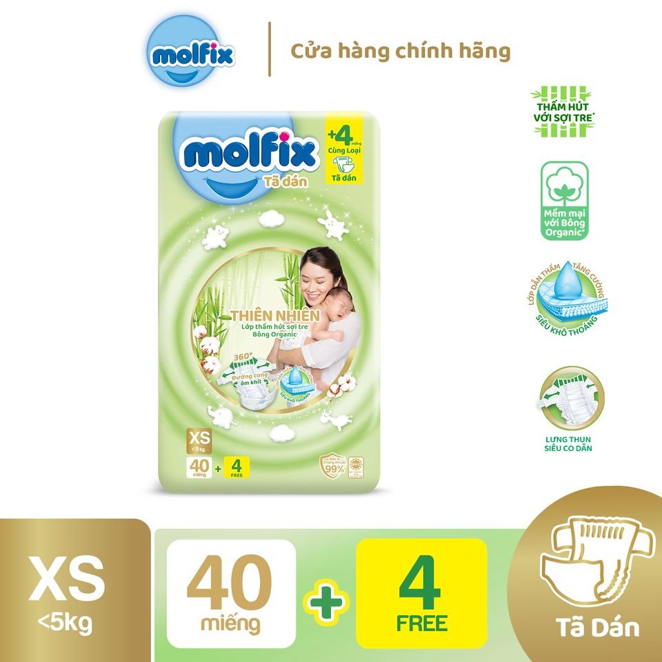 Tã/bỉm dán molfix thiên nhiên regular nb newborn xs - gói 40+4 miếng - gói nhỏ