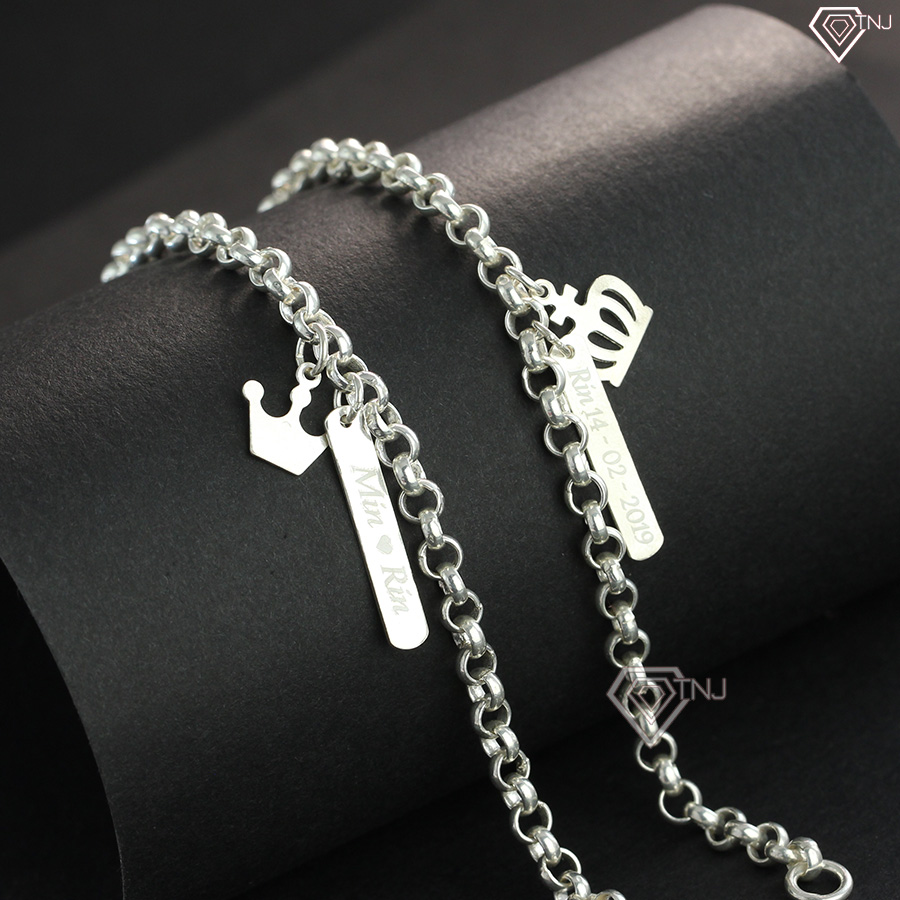 Vòng tay cặp đôi King Queen lắc tay cặp bạc vương miện khắc tên LTD0007 - Trang Sức TNJ