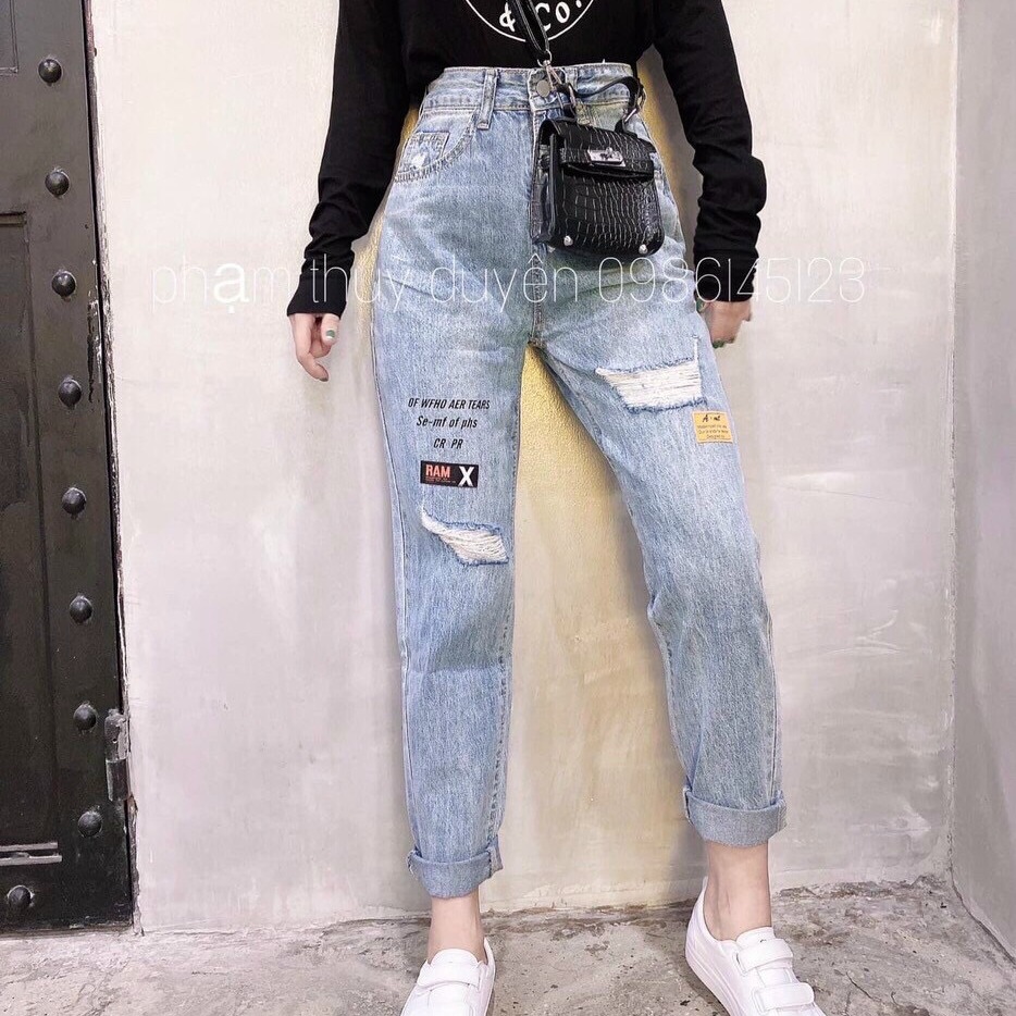 [HCM]QUẦN BAGGY JEAN NỮ MÀU XANH RÁCH PHỐI CHỮ ĐEN CỰC SANG FORM CHUÂN TỪ KIỂU DÁNG ĐẾN CHẤT LƯỢNG THỎ TÂY SHOP94 B603