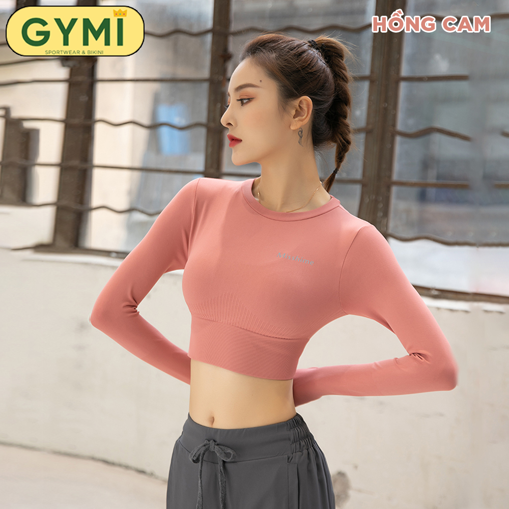 Áo tập gym yoga nữ dài tay GYMI AD03 dáng croptop thể thao chất dệt kim cao cấp co giãn 4 chiều