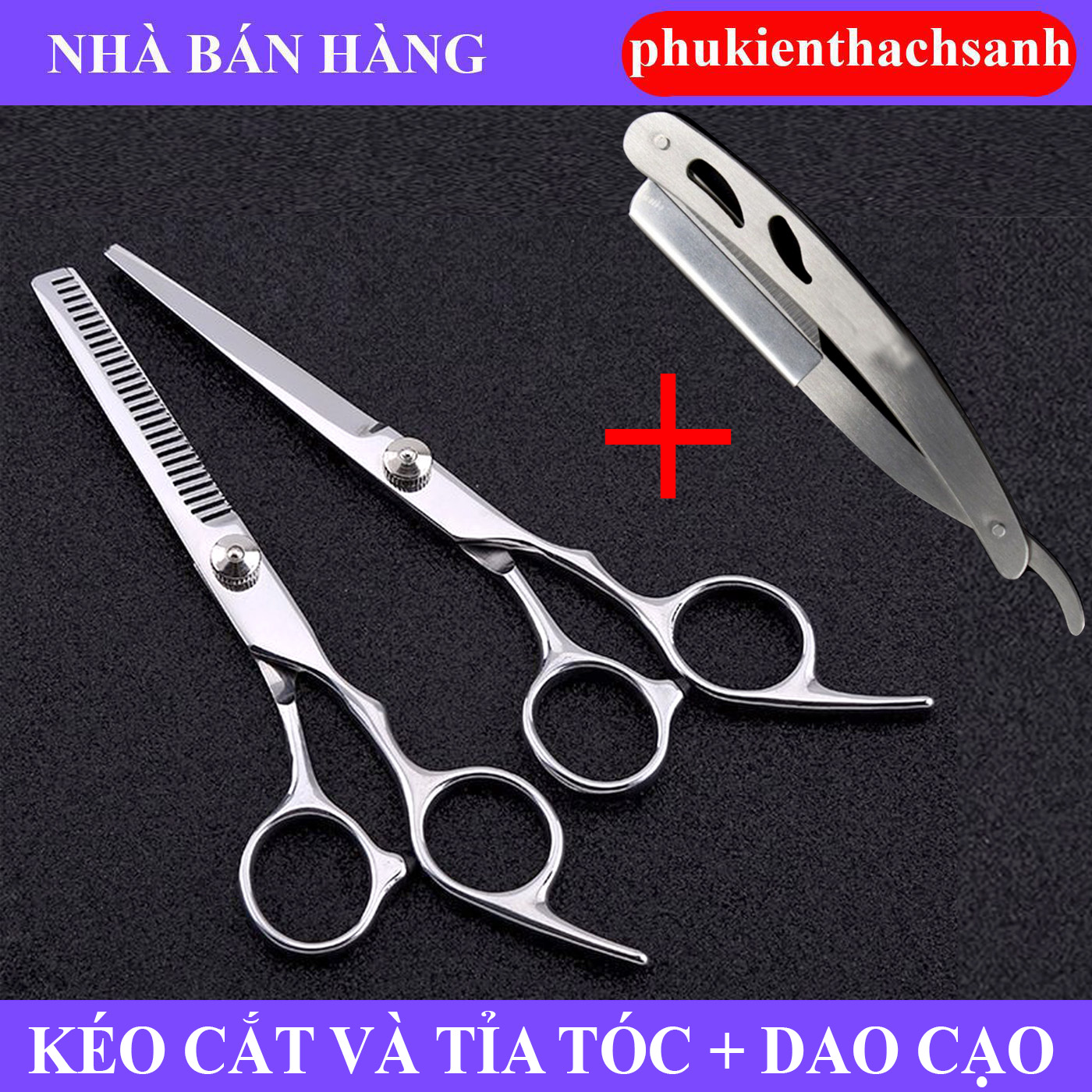 Bộ 2 kéo cắt và tỉa + Dao cạo râu inox đa năng